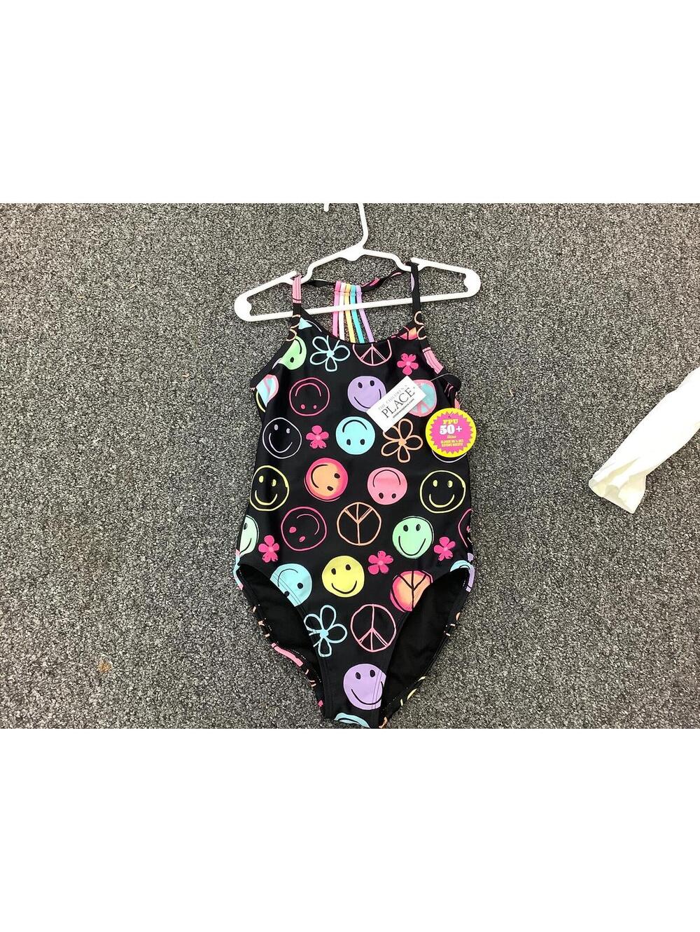 The Children's Place Girls' Black One-Piece Swimsuit with Colorful Smiley and PE